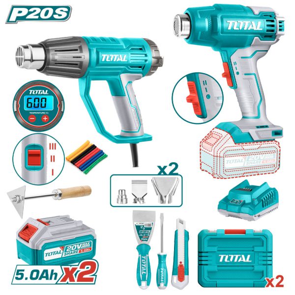 Kit Pistolas De Calor 20v Y 1600w Con Lcd + Accesorios Total
