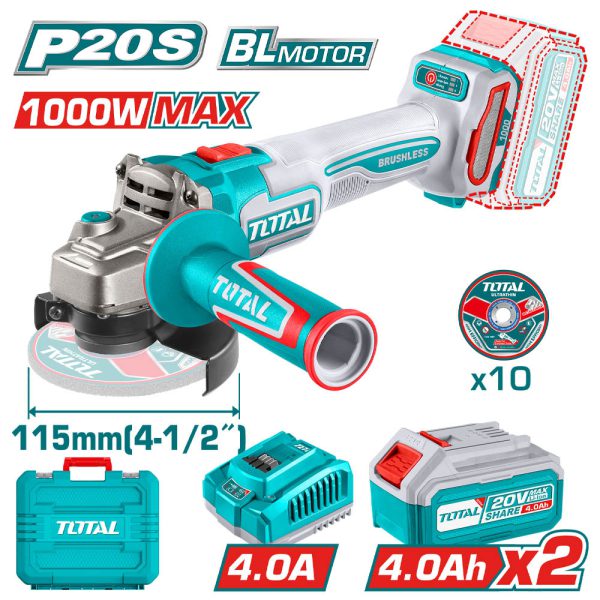 Amoladora 20v 4.5'' 1000w Con 2 Baterías Y Cargador Total