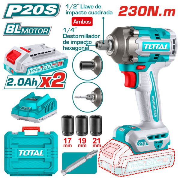 Llave De Impacto 20v 1/2 230nm, 2 Baterías 2.0ah Y Cargador