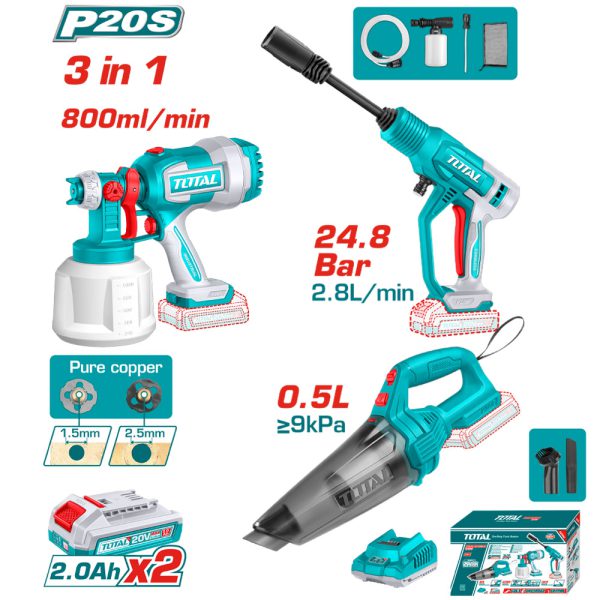 Kit 20v Pistola Pintura, Hidrolavadora Y Aspiradora Portátil