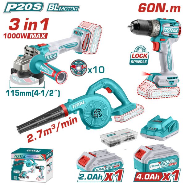 Kit 20v Amoladora, Taladro, Soplador + 3 Baterías Total