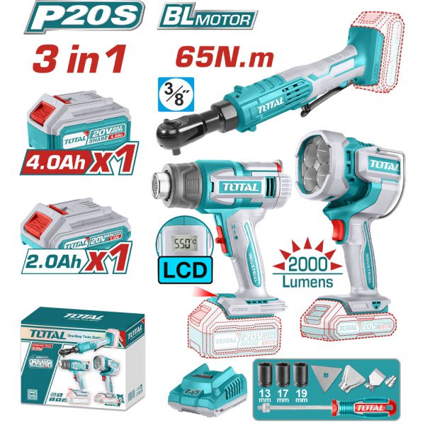 Kit 20v Ratchet, Linterna Y Pistola De Calor Con 2 Baterías